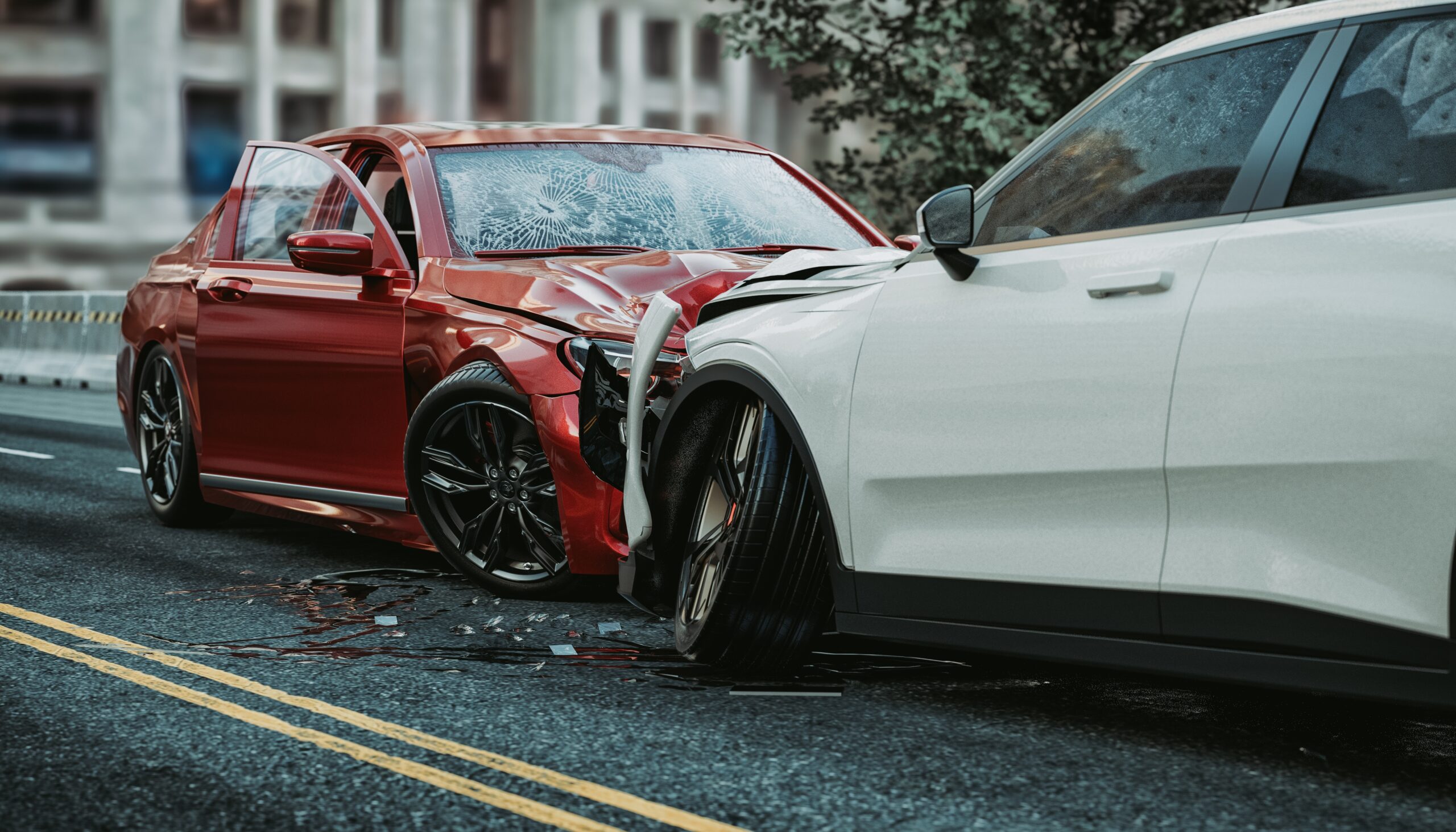 A red car and a white vehicle with front-end damage on a road.