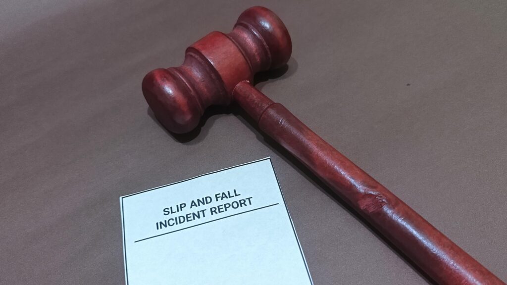 A brown wooden legal gavel lies on a dark brown surface next to a white paper titled "Slip and Fall Incident Report," illustrating property hazard cases handled by Broward County premises liability lawyers.