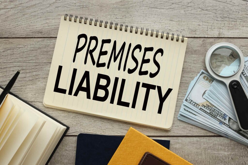 A top-down view of a notepad with the handwritten words "Premises Liability" on a wooden desk next to a stack of hundred-dollar bills and a magnifying glass, representing injury compensation cases handled by Broward County slip and fall lawyers.