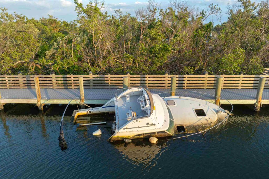 An overhead view of a partially submerged, capsized motorboat resting in the water next to a wooden boardwalk pier, representing cases for Broward County Boating Accident Lawyers.